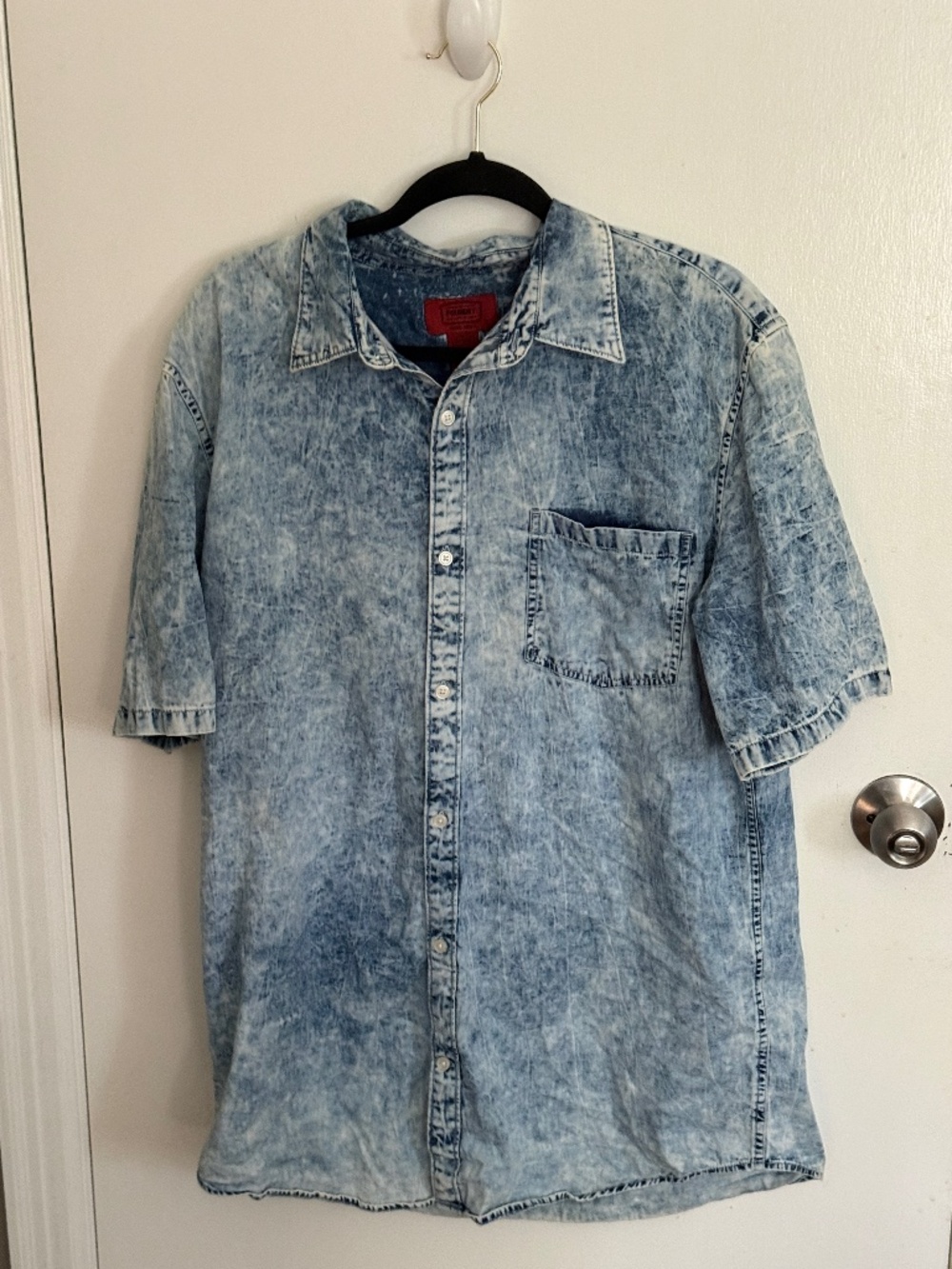 Men’s Acid Wash Denim Short Sleeve Button Up Shirt Large Vintage Y2K Streetwear